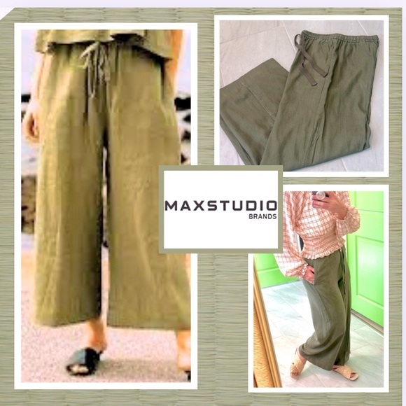 Max Studio, Sophisticated Rich Hunter Palazzo Pants, Drawstring Waist,Pockets,S - Picture 1 of 14